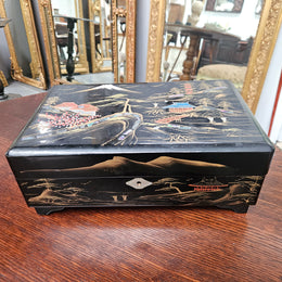 Vintage Japanese Lacquer , Abalone Shell & Gilt Painted  Musical Jewellery Box