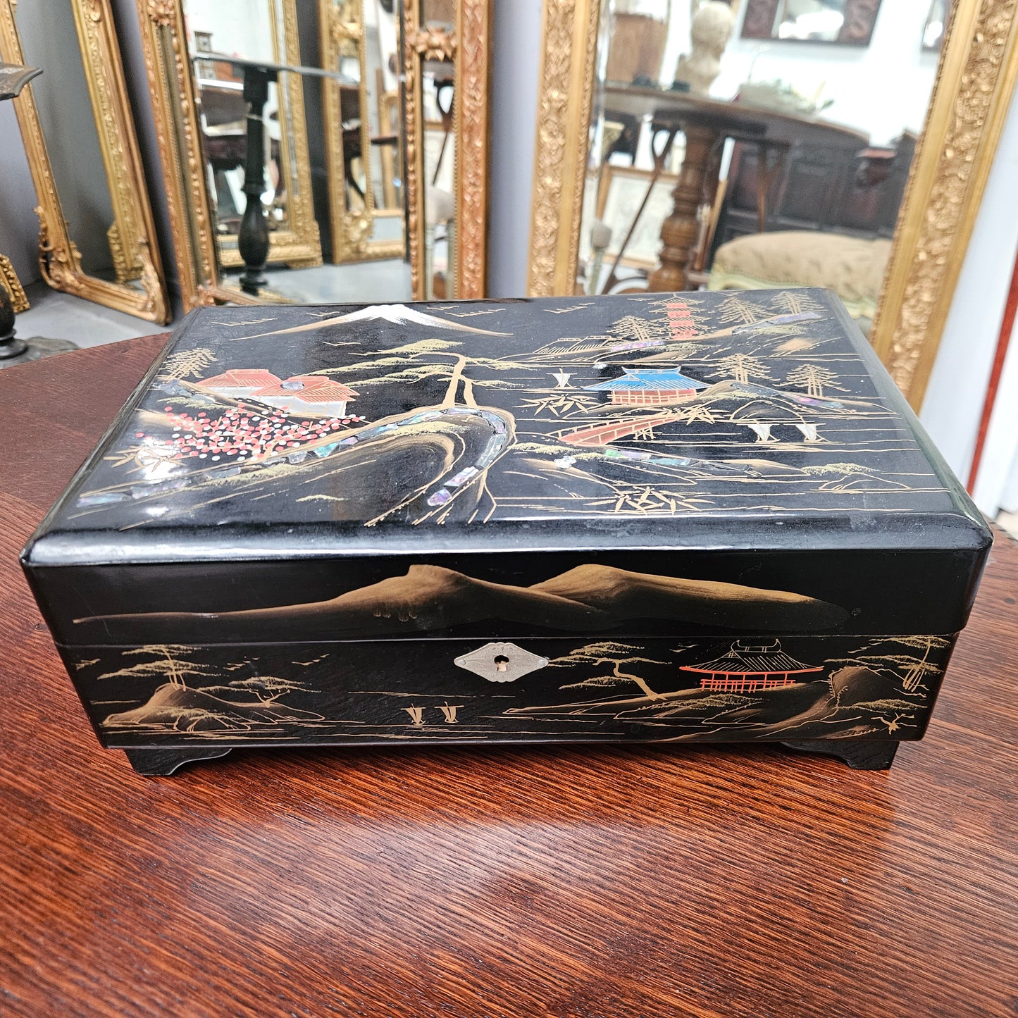 Vintage Japanese Lacquer , Abalone Shell & Gilt Painted  Musical Jewellery Box