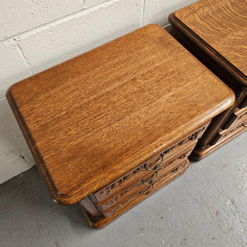 Hard to find Louis XVI style French Oak bedsides with three drawers and lovely carvings. They are in good original detailed condition. 