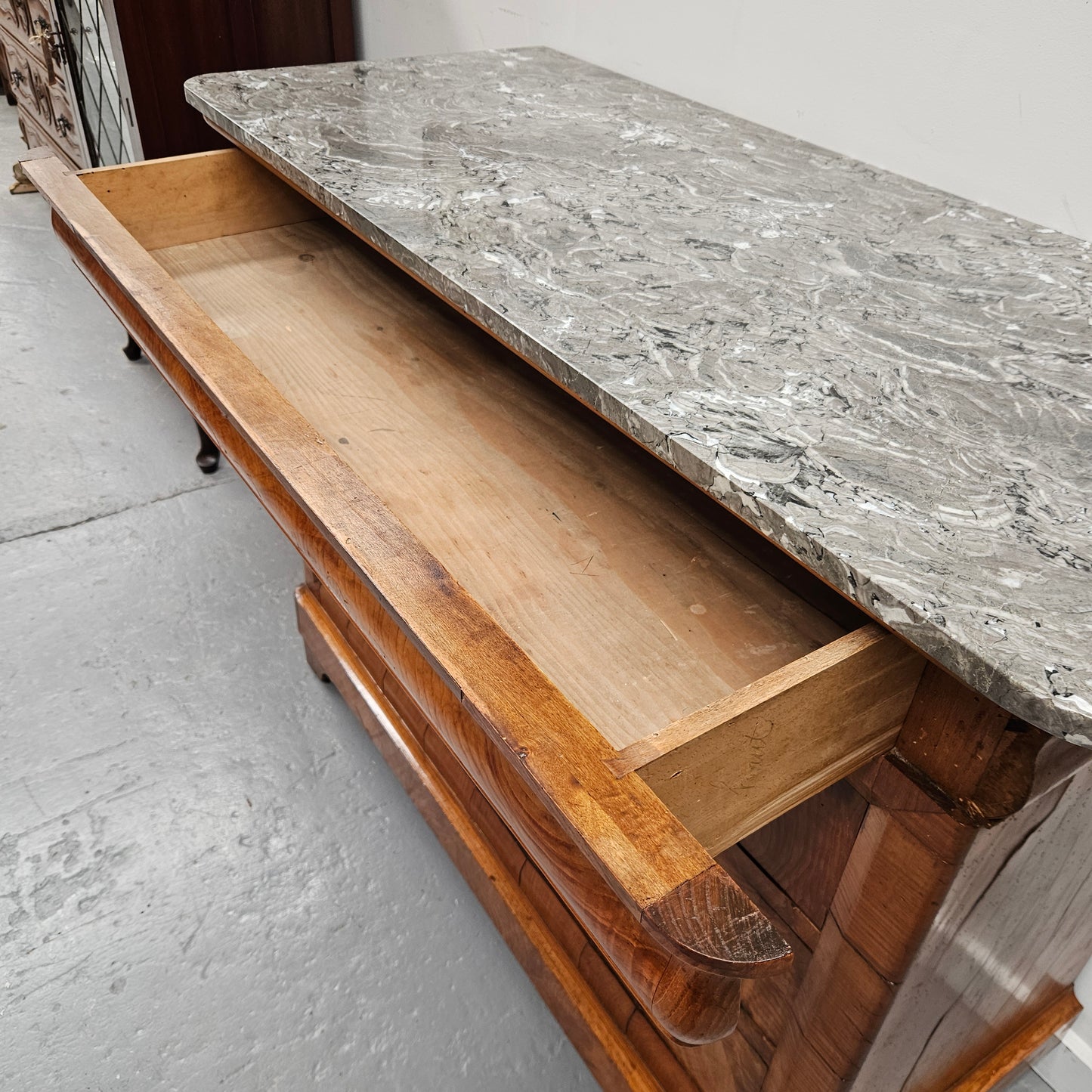 Stunning French 18th Century Elm Commode With Superb Original Grey Marble