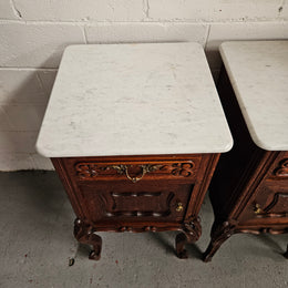 Pair of Louis XV Style White Marble Top Bedside Cabinets