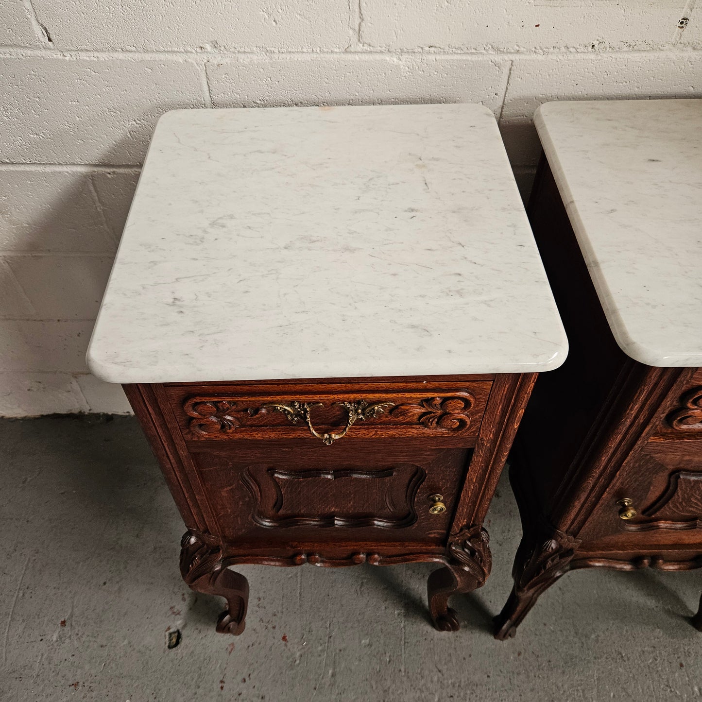 Pair of Louis XV Style White Marble Top Bedside Cabinets