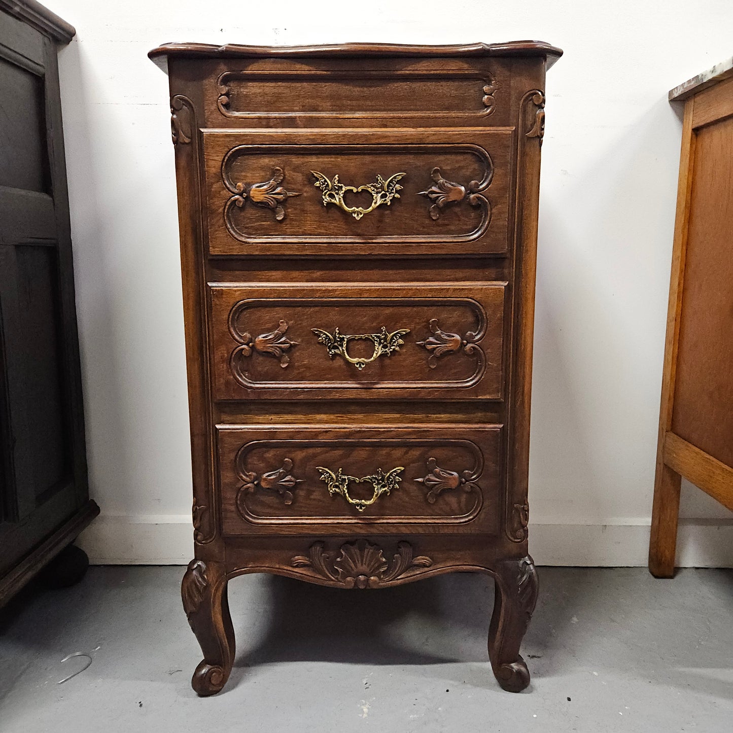 Louis XV Style Oak Three Drawer Side Cabinet