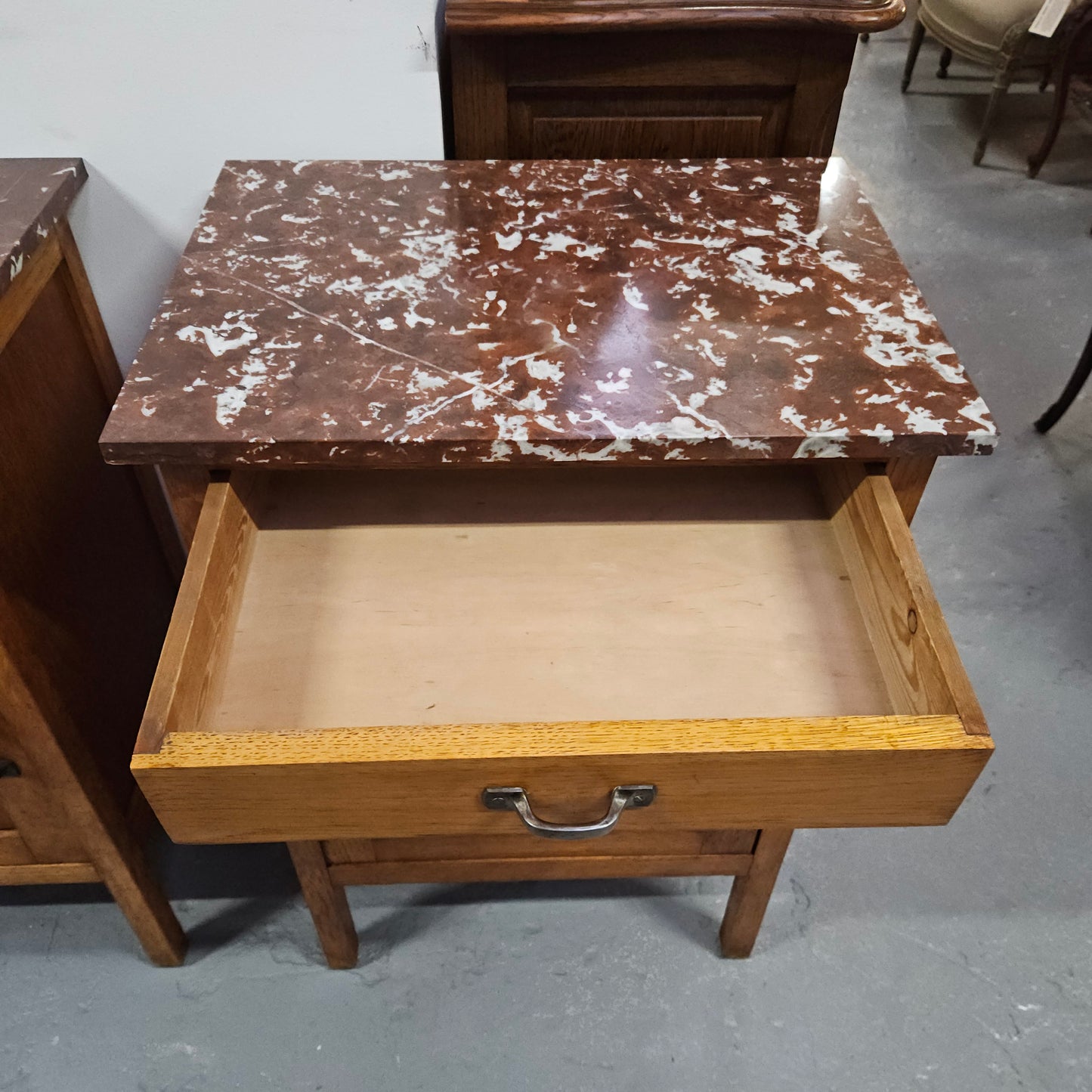 Compact Oak Marble Top Side Cabinet With Drawer