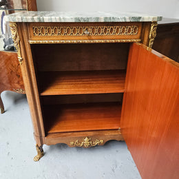 French Walnut Louis XV Style Marble Top Marquetry Inlaid Side Cabinet