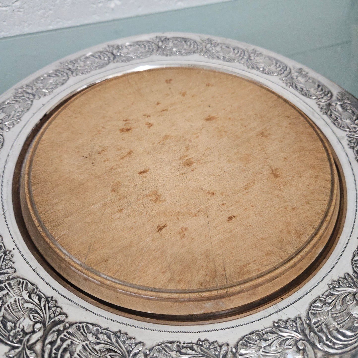 Edwardian Silver and Wooden Bread Cutting Board