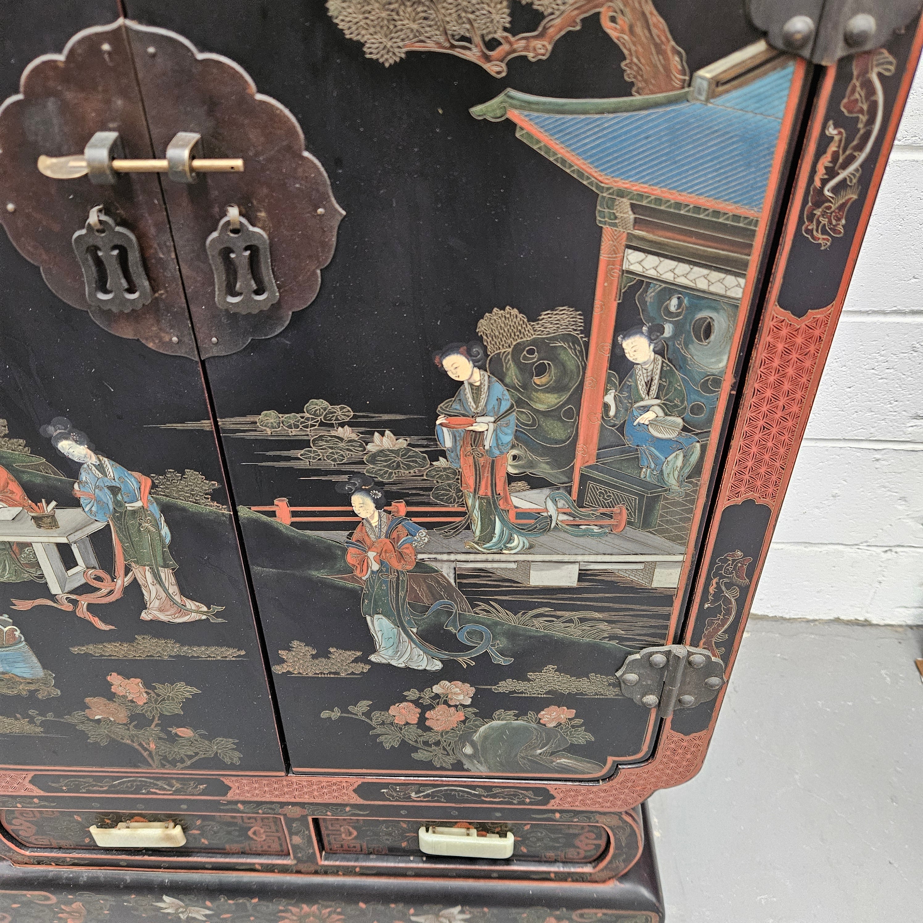High Quailty Ebonised Chinese Cabinet with Jade Handel's & Handel's Painted | Antique & Vintage | Moonee Ponds Antiques | Australia Wide Delivery