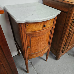 French Figured Burr Walnut & Oak Marble Top Bedside Cabinet