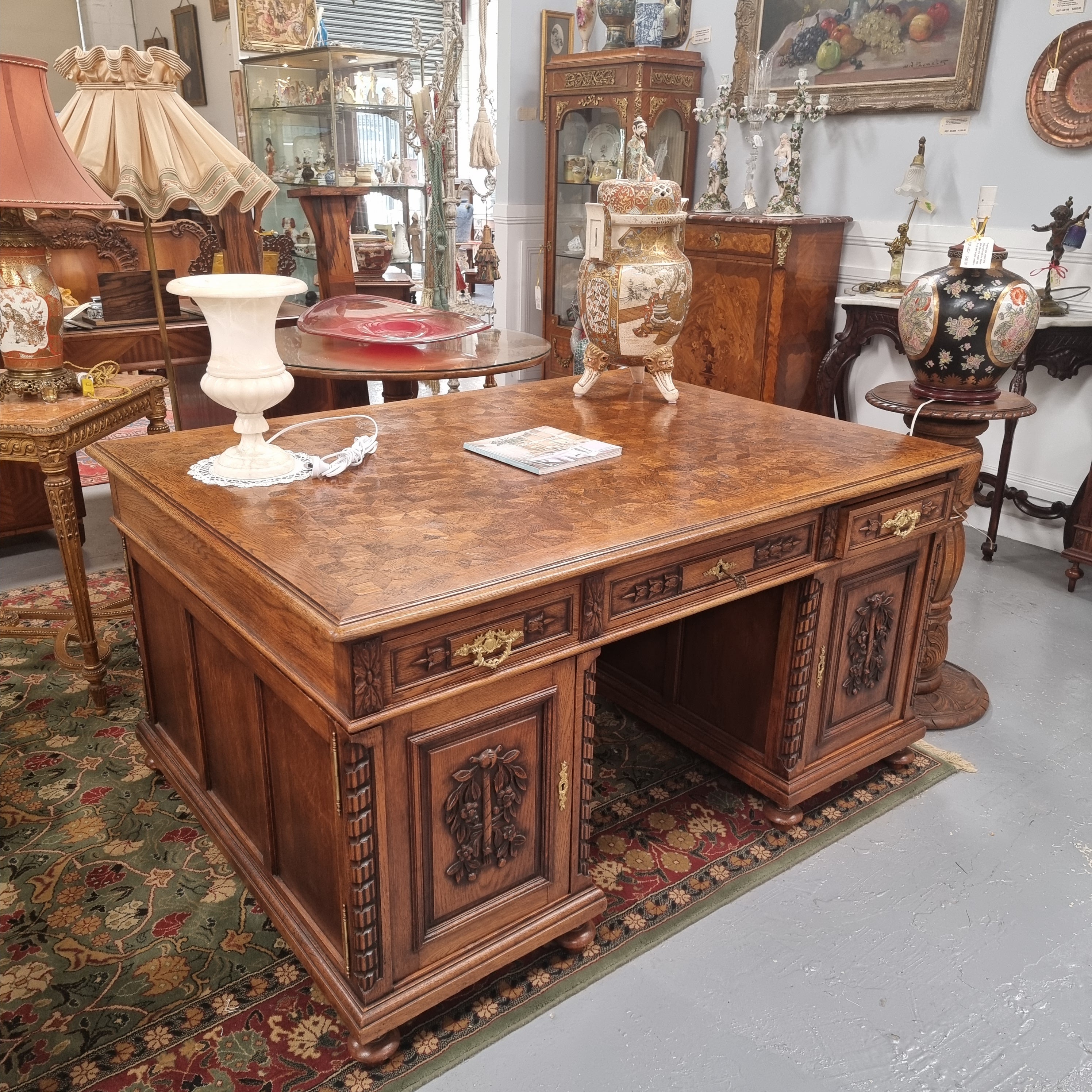 French Oak Renaissance Style Parquetry Top Full Partners Desk | Antique & Vintage | Moonee Ponds Antiques | Australia Wide Delivery