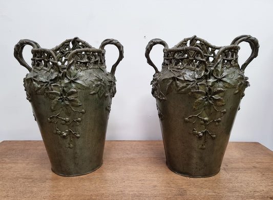 Stunning Pair Of Bronze Art Nouveau Vases by French Sculptor H. Bureau C:1890