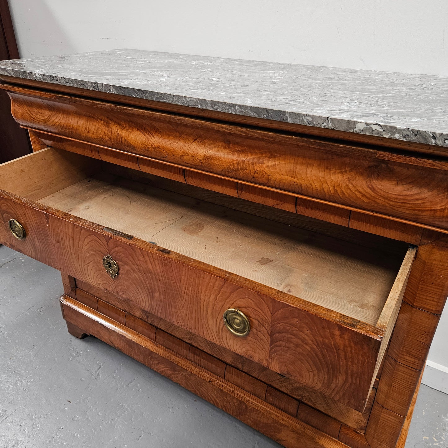 Stunning French 18th Century Elm Commode With Superb Original Grey Marble