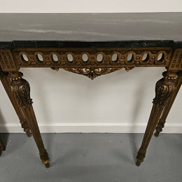 French Louis 16th Style Gilt & Black Marble Top Console Table