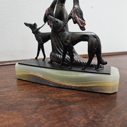 Small Art Deco Bronze Lady With 2 Borzoi Dogs