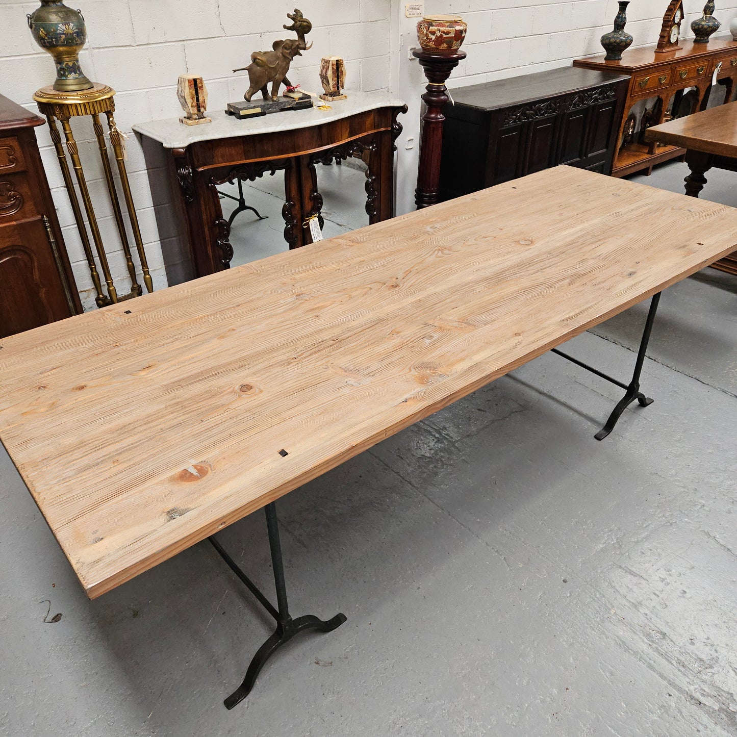 Trestle Dining Table With Reclaimed Pine Top And Antique Wishbone Industrial Iron Legs