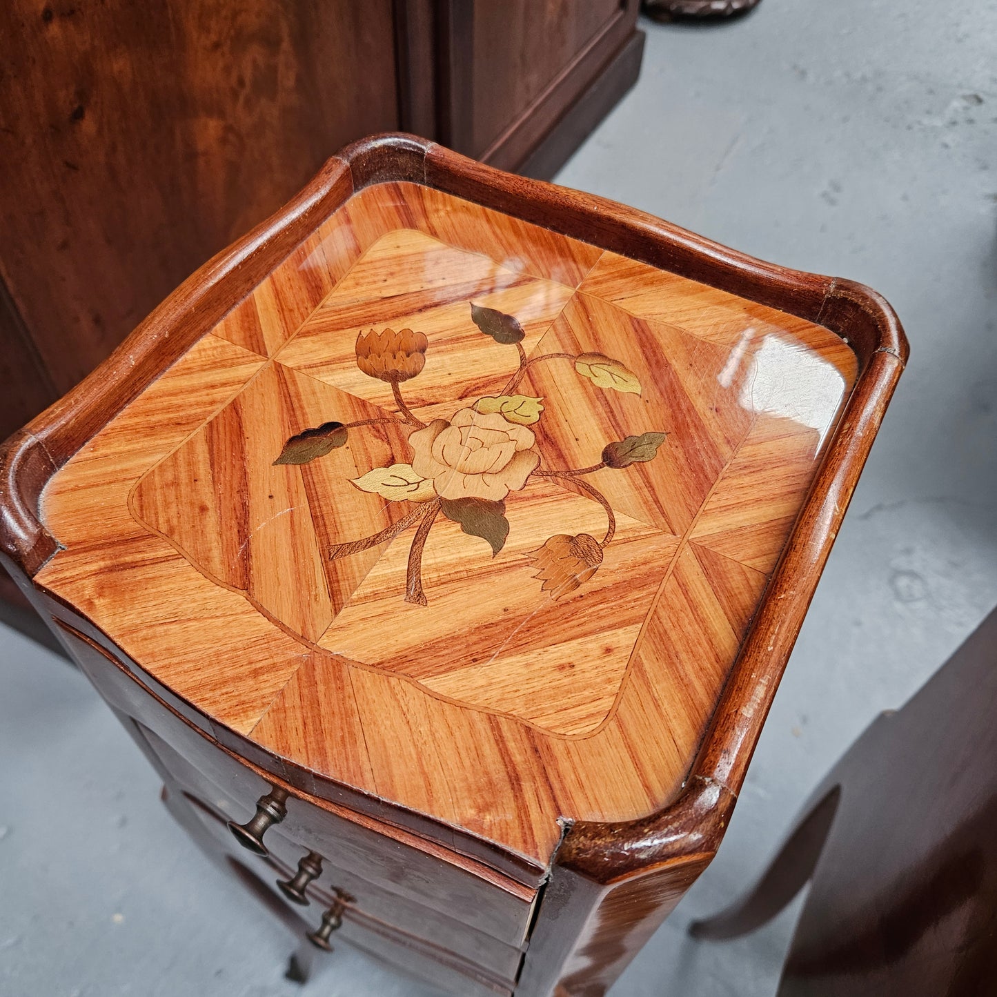 Miniature Pair of Marquetry Inlaid Louis XV Style Bedsides