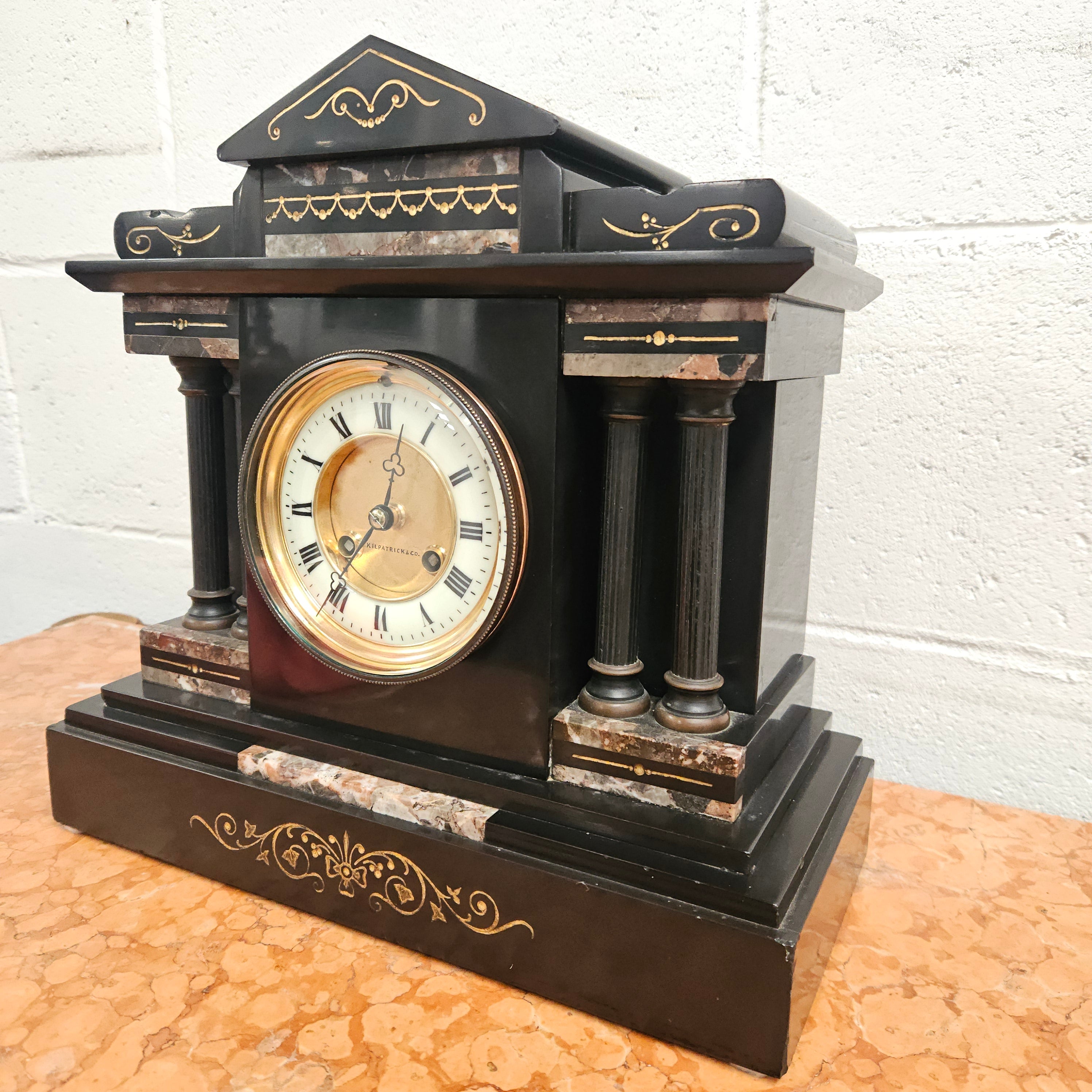 Stunning Kilpatrick & Co Mantle Clock Inlaid Marble/Slate Case | Antique & Vintage | Moonee Ponds Antiques | Australia Wide Delivery