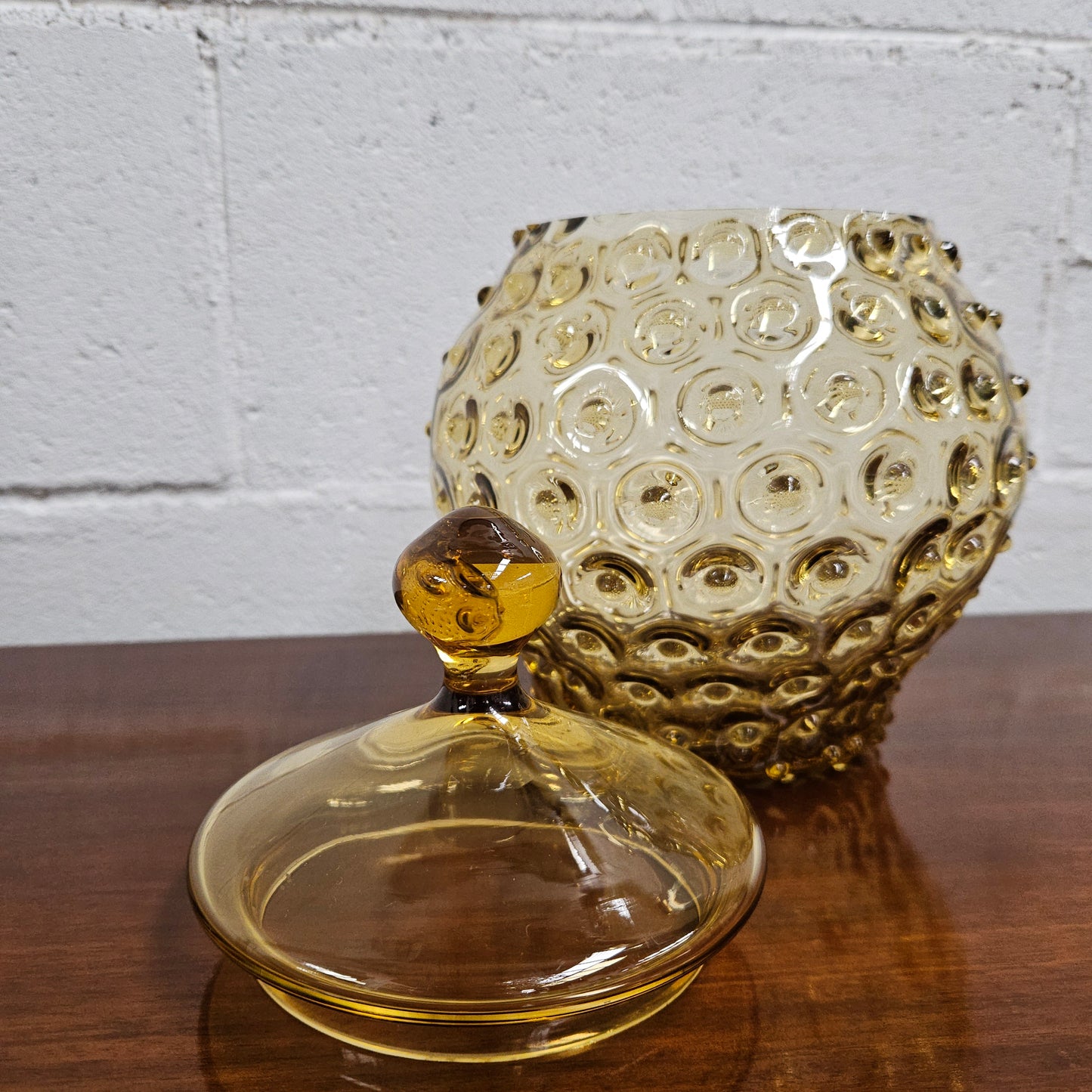 Mid-Century Amber Modern Hobnail Glass Container