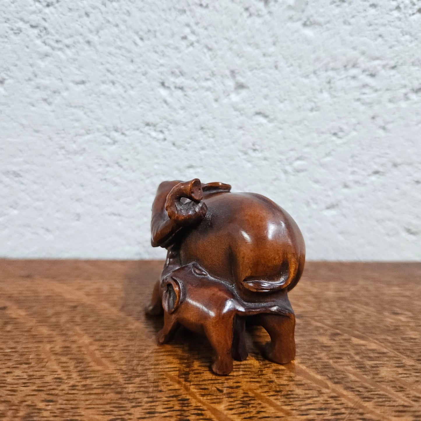 Carved and Signed Wooden Elephant Netsuke