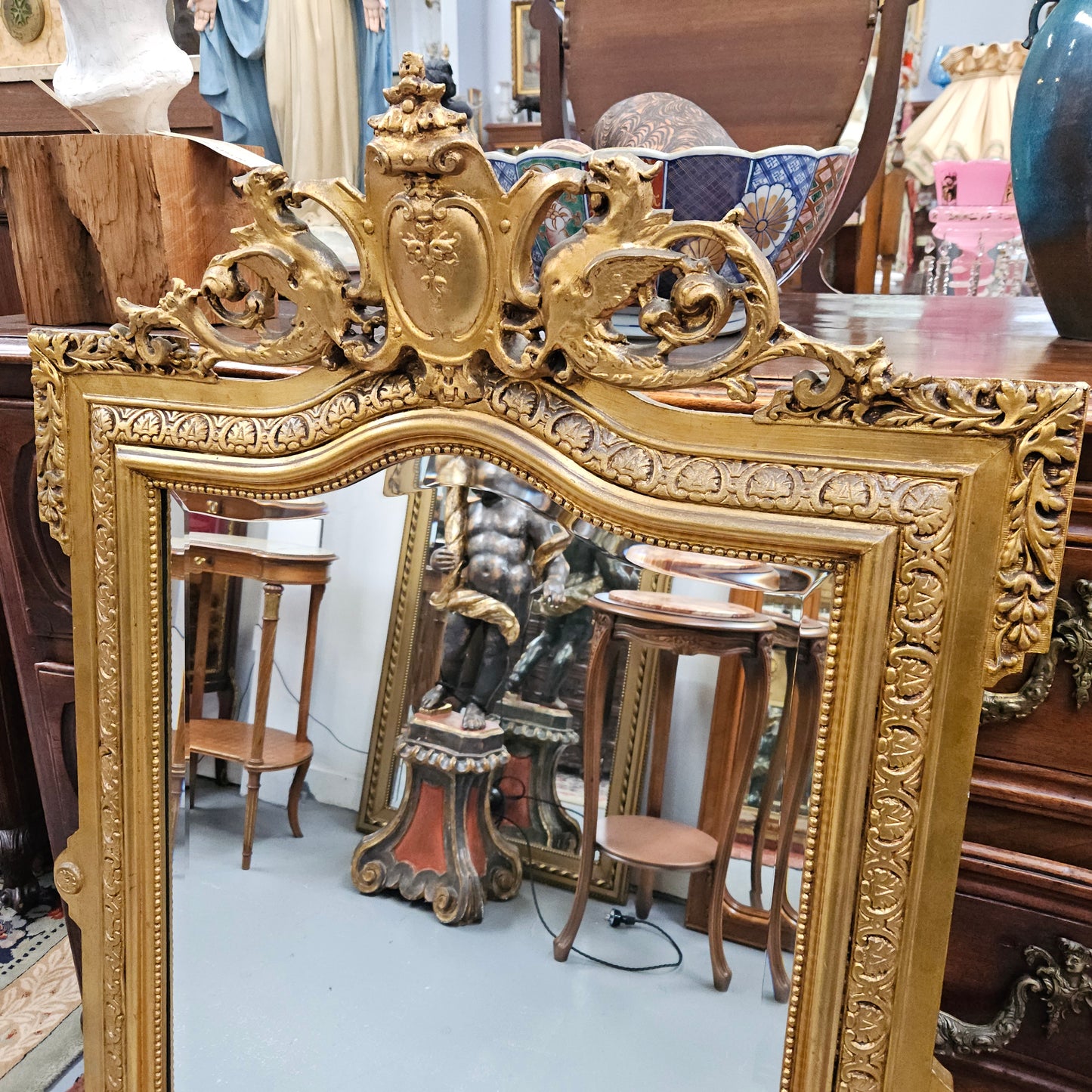 Napoleon III Style French Gilt & Floral Decorated Bevelled Mirror