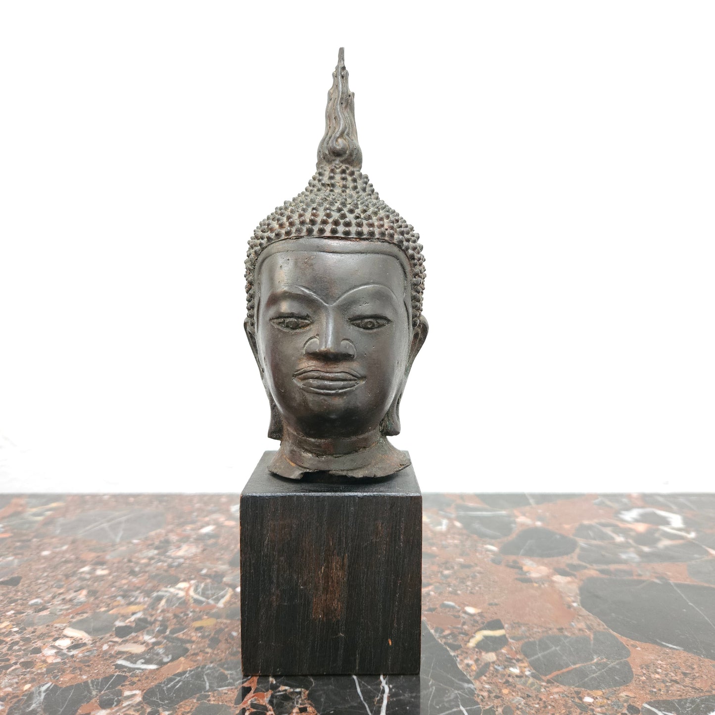 Antique Bronze Buddha Head On Plinth