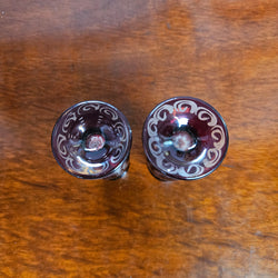 Pair Of Vintage Ruby & Etched Miniature Glass Vase