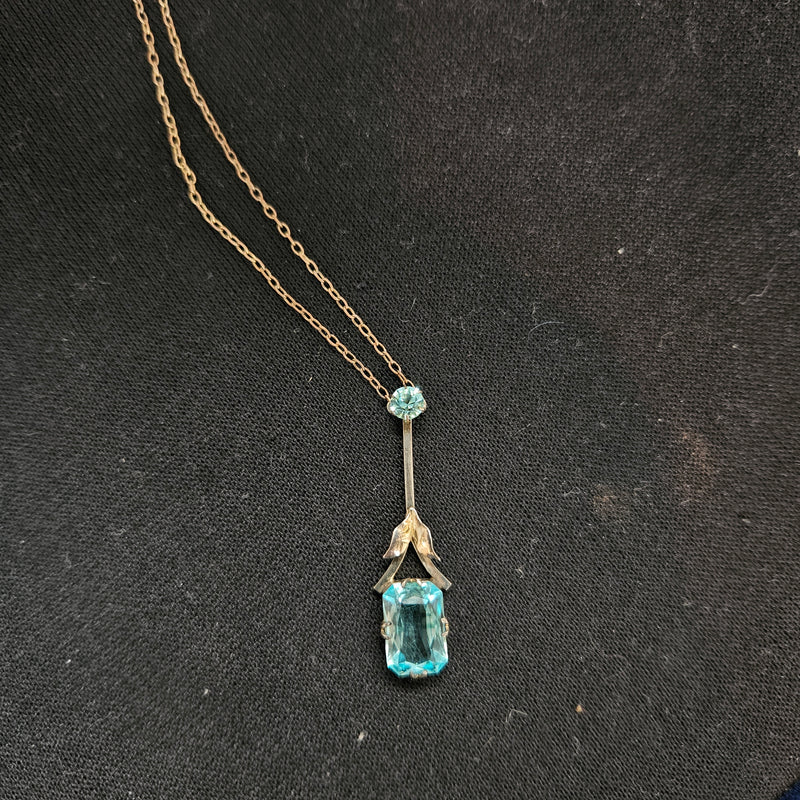 Edwardian 9ct Gold Silver Lined Aquamarine Pendant & Chain