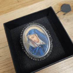 Vintage Hand Painted Portrait Of Our Lady Of Sorrows  In A Silver (800) Frame