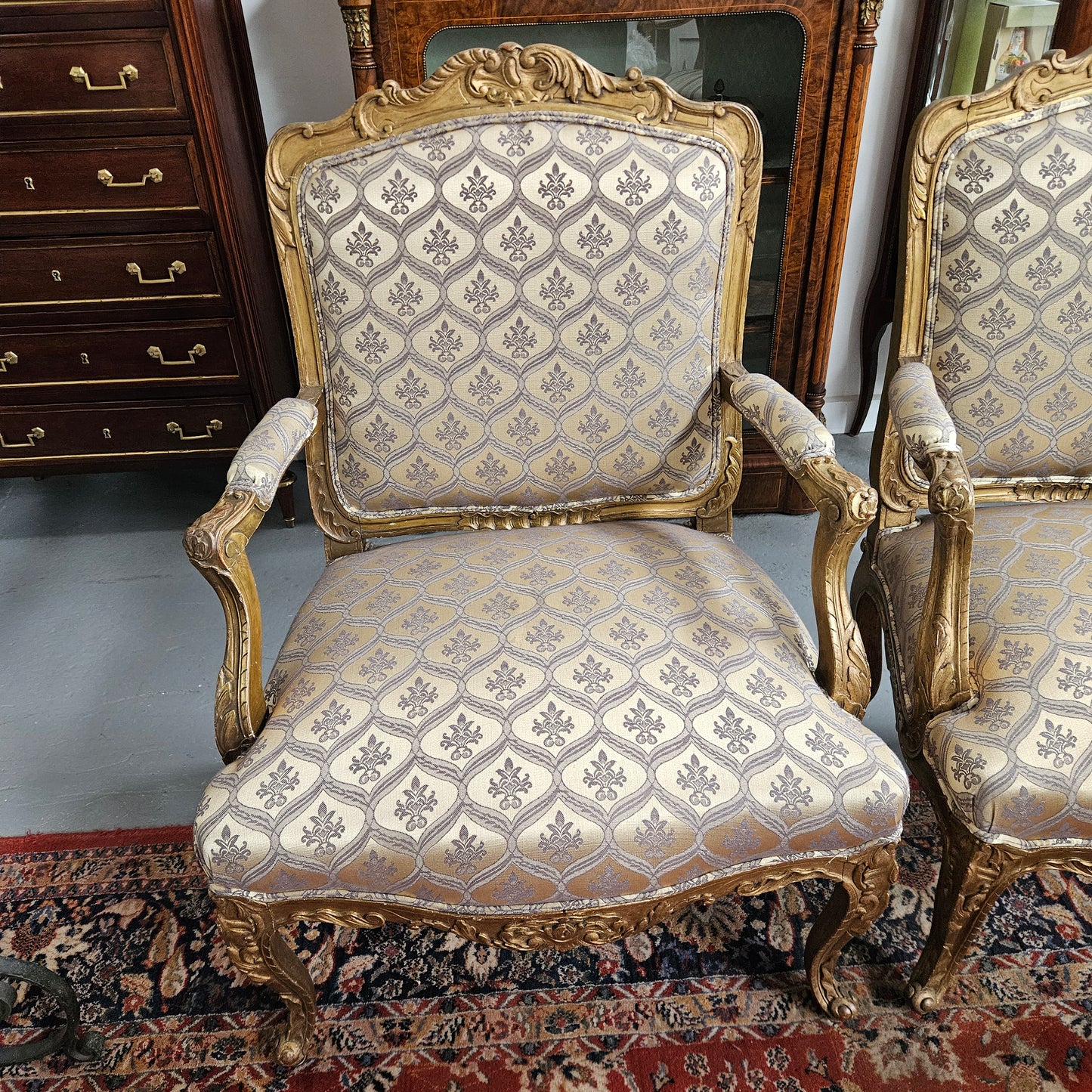 Antique Pair Reupholstered Louis XVth Style Giltwood Armchairs