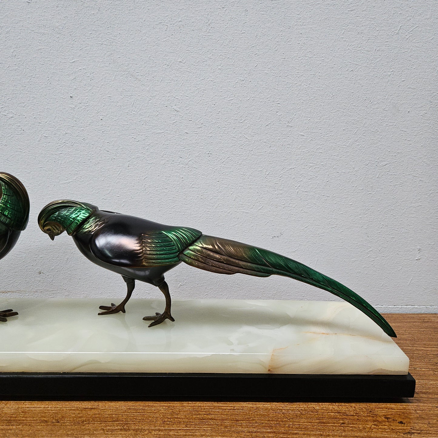 French Art Deco Pair Of Spelter Pheasants On A Marble Plinth