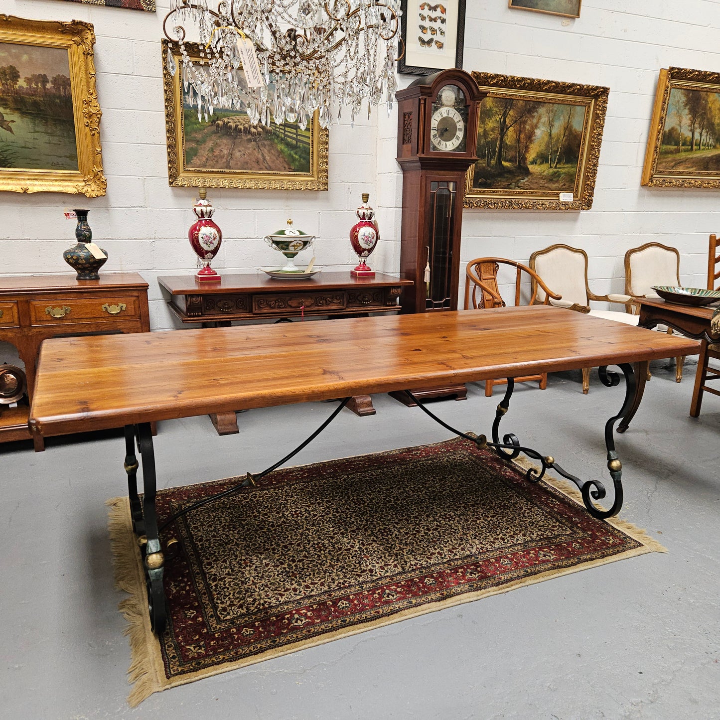 Vintage Fruitwood Spanish Style Refectory Table With Cast Iron Base