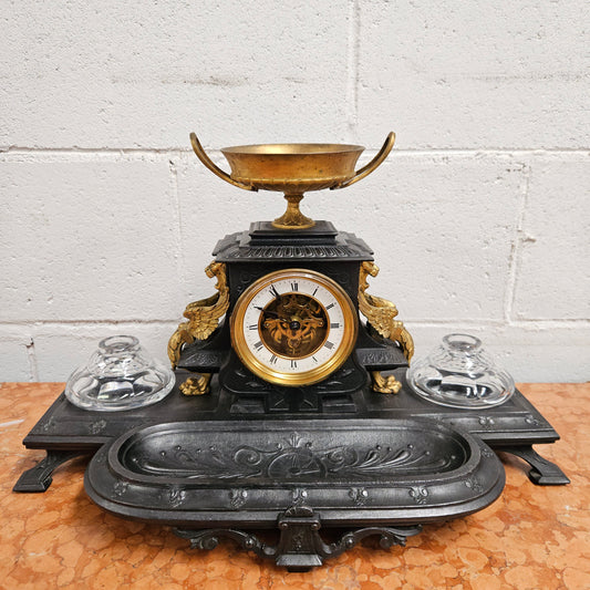 French Desk Clock With Inkwells