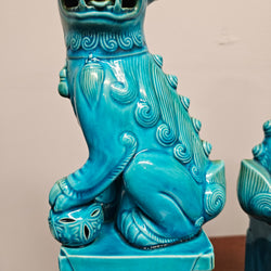 Pair of Vintage Chinese Turquoise Glazed Guardian Foo Dogs