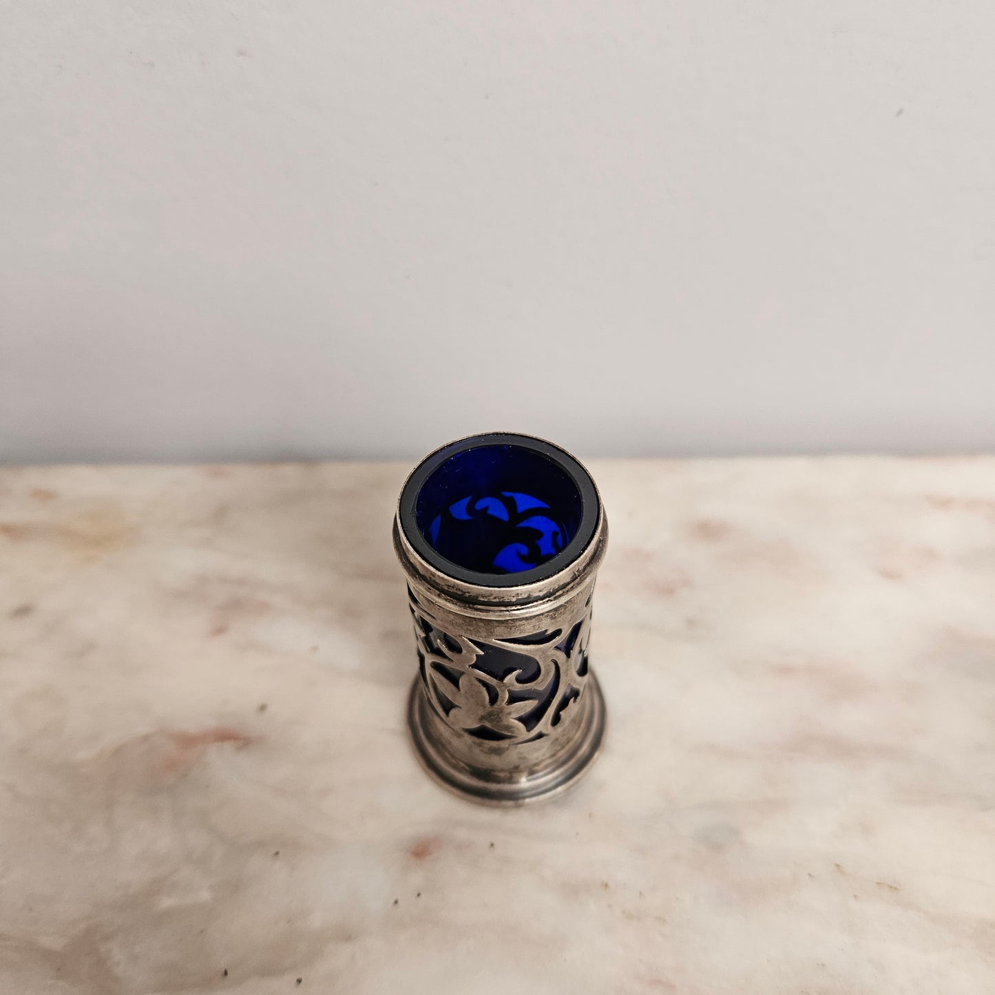 Edwardian Birmingham Silver & Bristol Blue Toothpick Holder