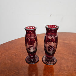 Pair Of Vintage Ruby & Etched Miniature Glass Vase