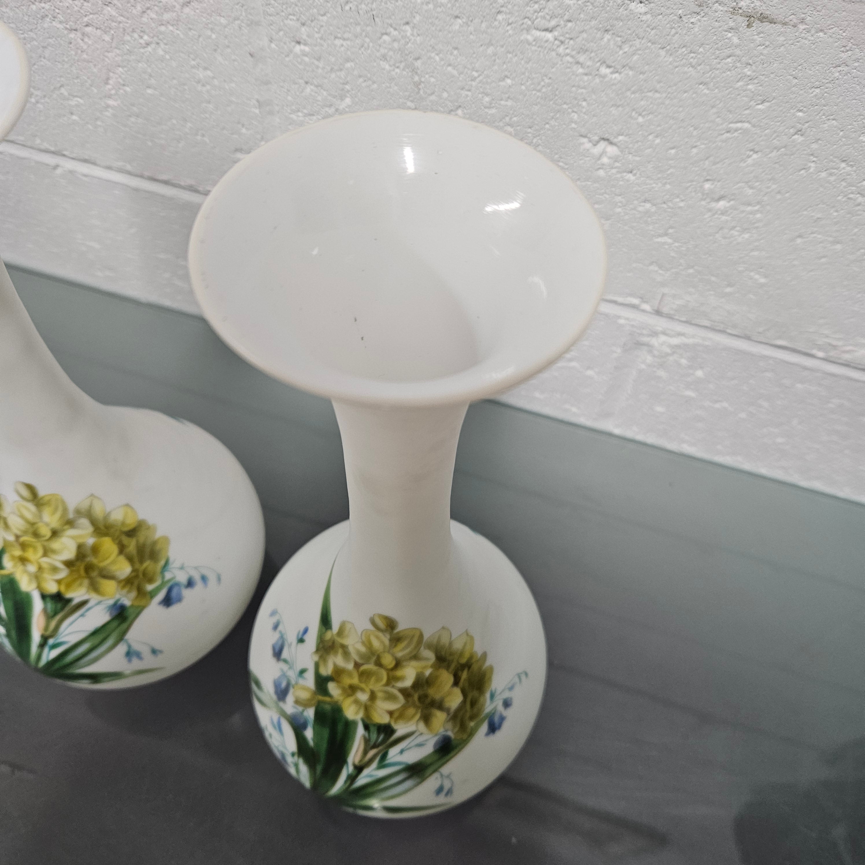 Pair Of Hand Painted Antique Milk Glass Vases Featuring Daffodils | Antique & Vintage | Moonee Ponds Antiques | Australia Wide Delivery