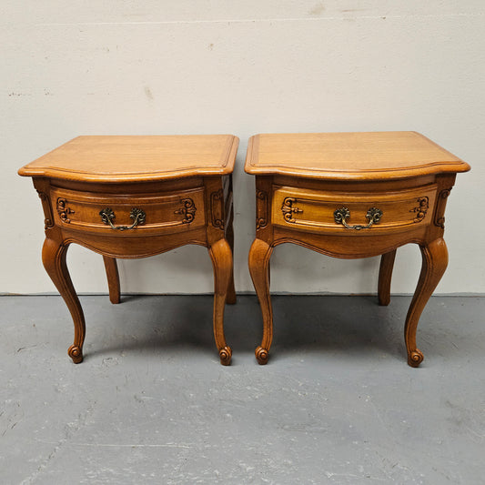 Pair of vintage French Oak Louis 15th style single drawer bedsides. They have been sourced directly from France and are in good original detailed condition.