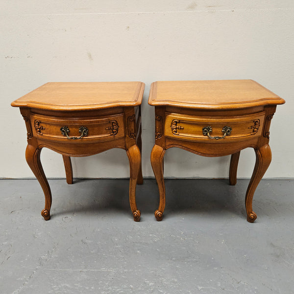 Pair of vintage French Oak Louis 15th style single drawer bedsides. They have been sourced directly from France and are in good original detailed condition.