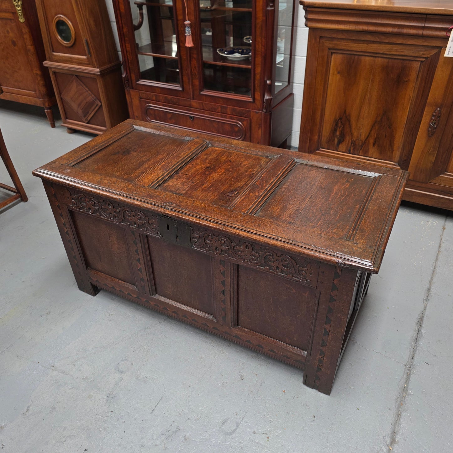 18th Century French Oak Coffer Featuring Beautiful Carvings