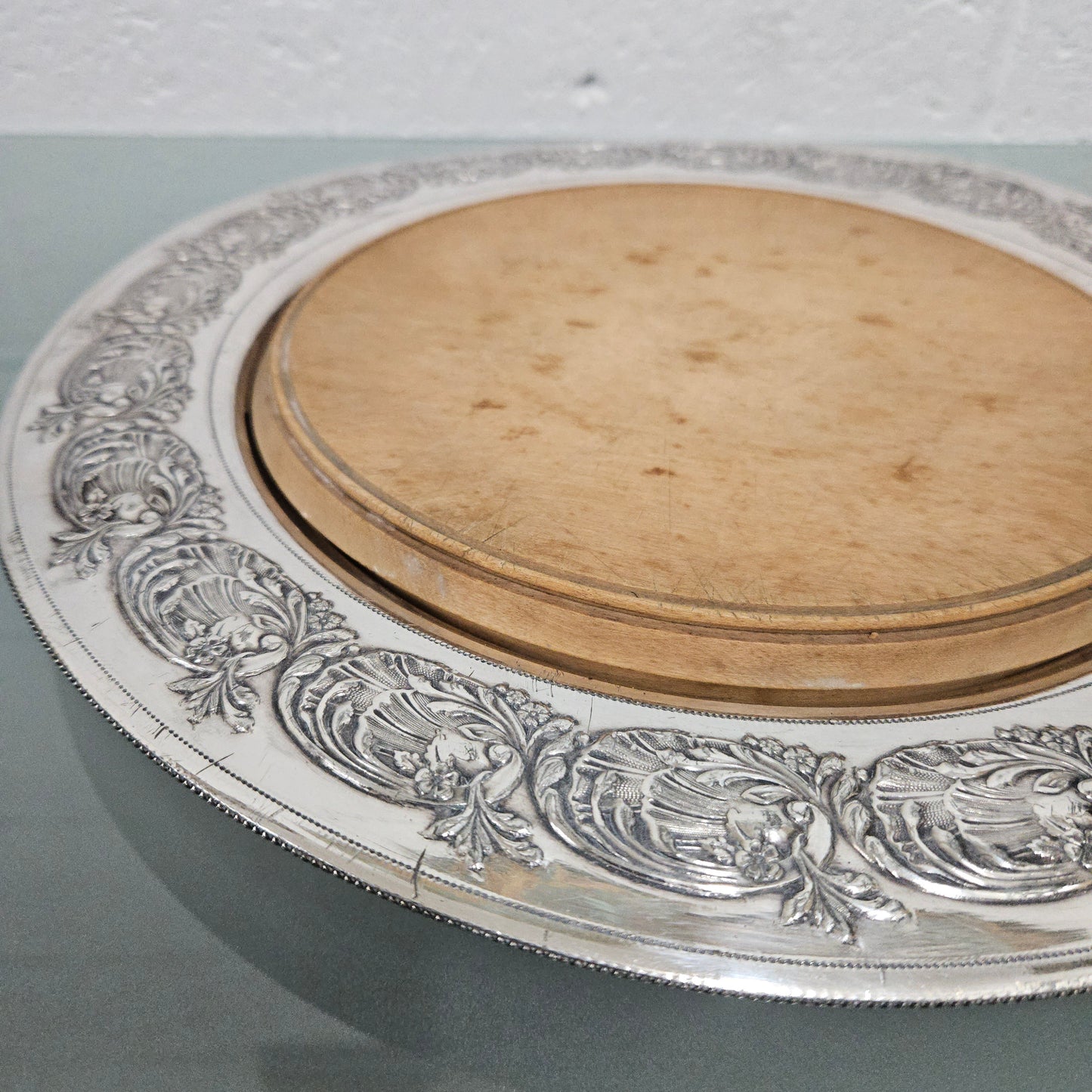 Edwardian Silver and Wooden Bread Cutting Board