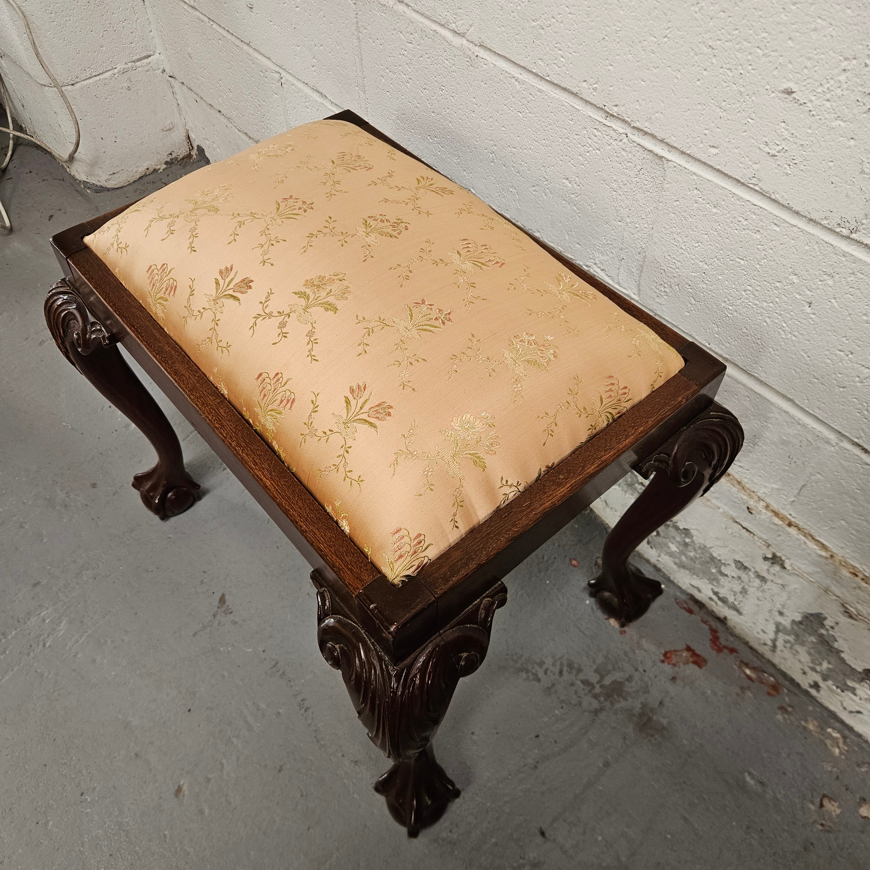 Vintage Chippendale Style Upholstered Stool