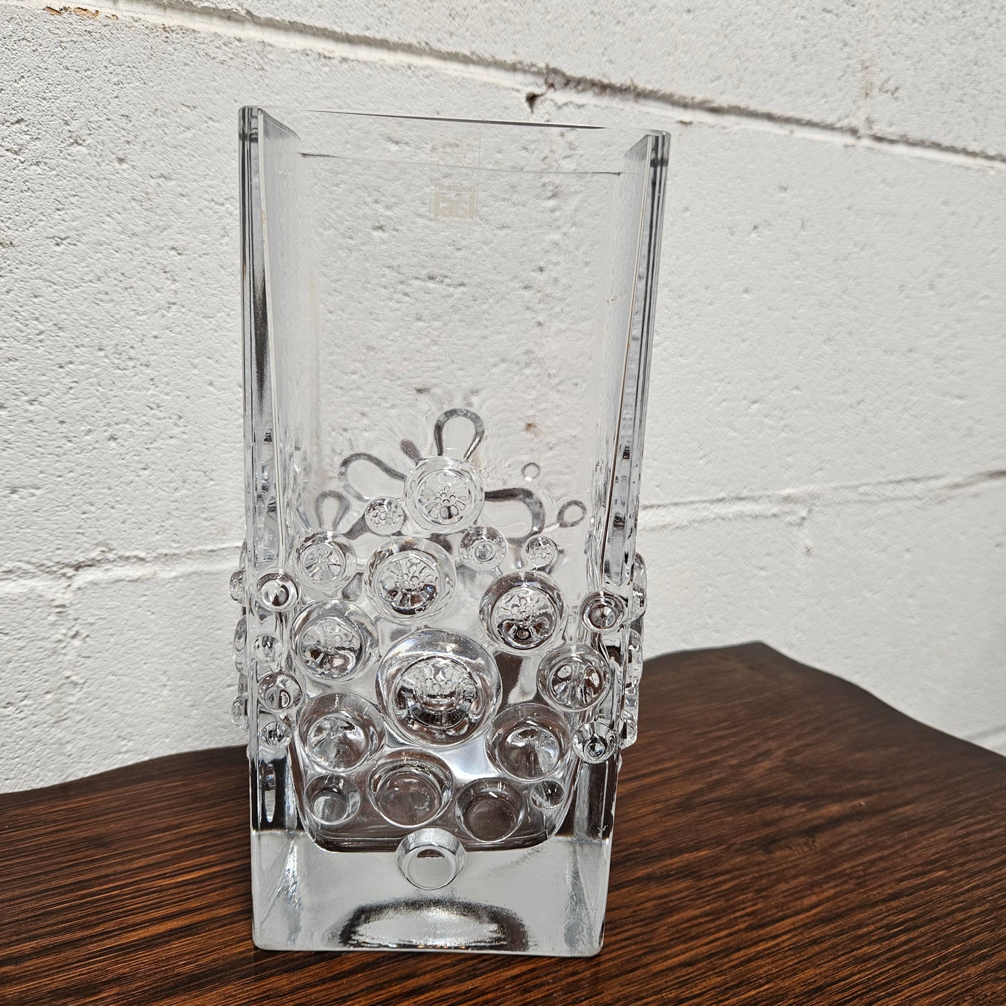 Riihimaen " Lasi Stella Polaris" glass vase made in Finland with its original sticker. In good original condition with no chips or cracks.