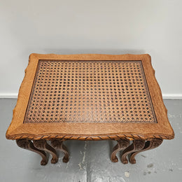 French Oak Three Piece Nest of Tables With Cane Inserts