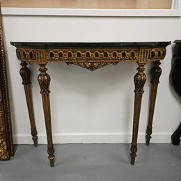 French Louis 16th Style Gilt & Black Marble Top Console Table