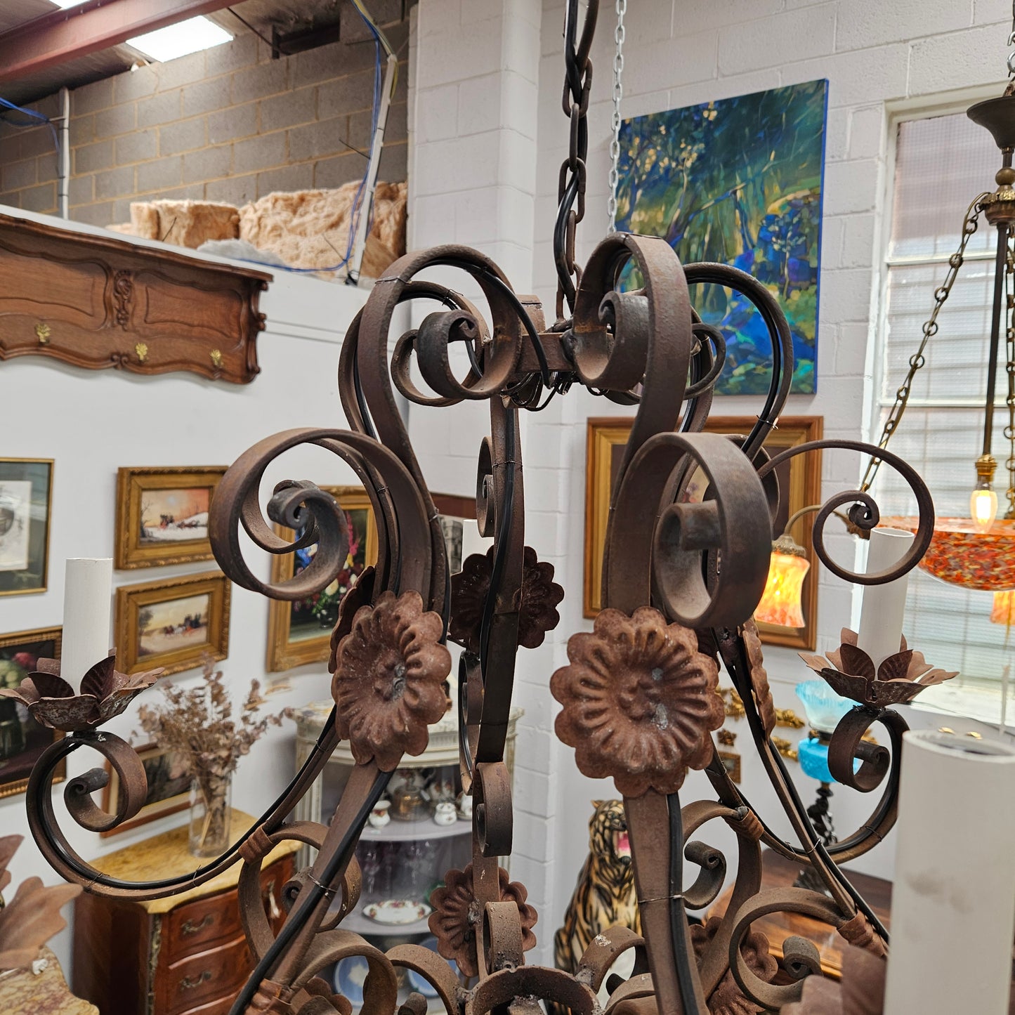 Rustic French Cast Iron Six Arm Chandelier