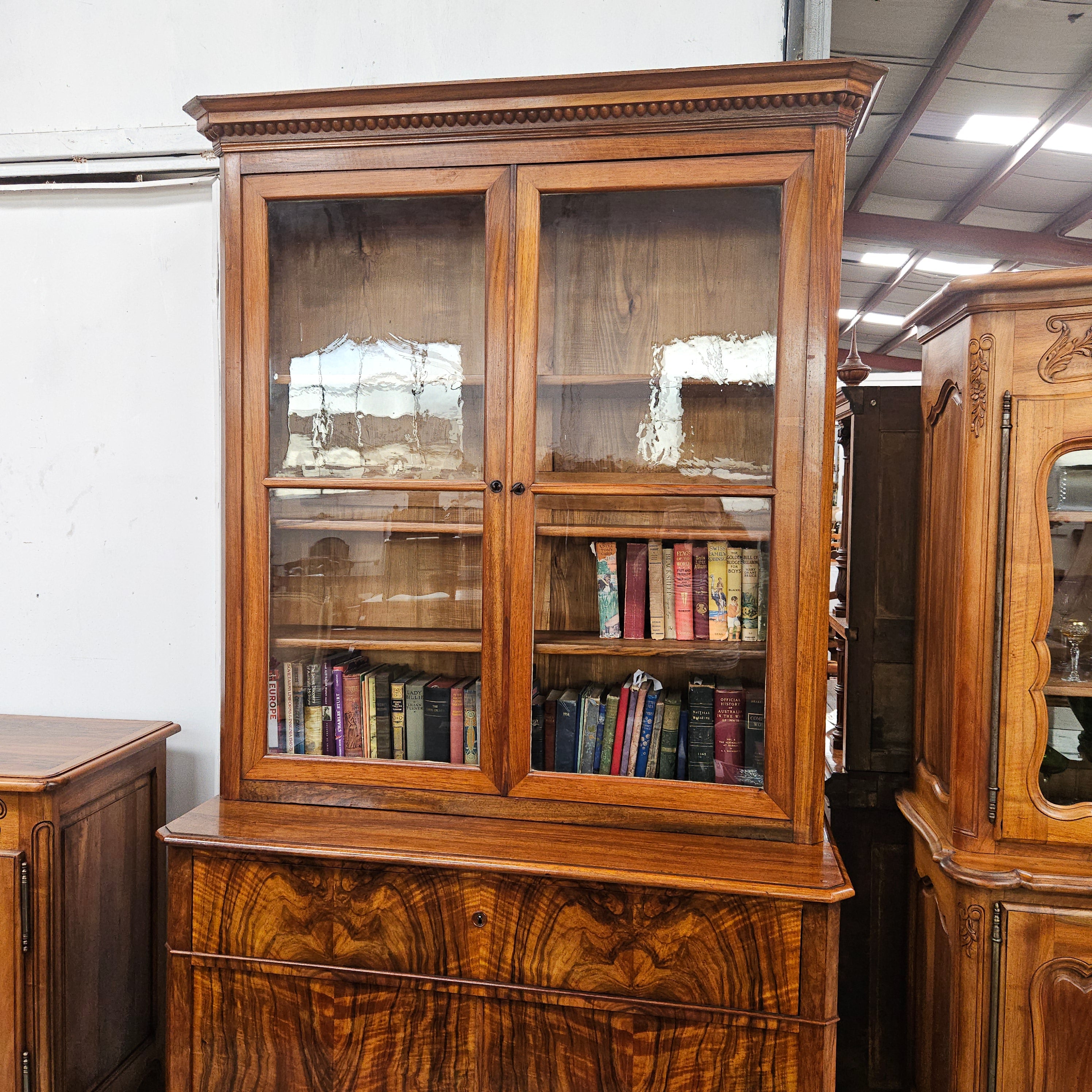 19th Century French Figured Walnut Two Door Bookcase Secretaire | Antique & Vintage | Moonee Ponds Antiques | Australia Wide Delivery