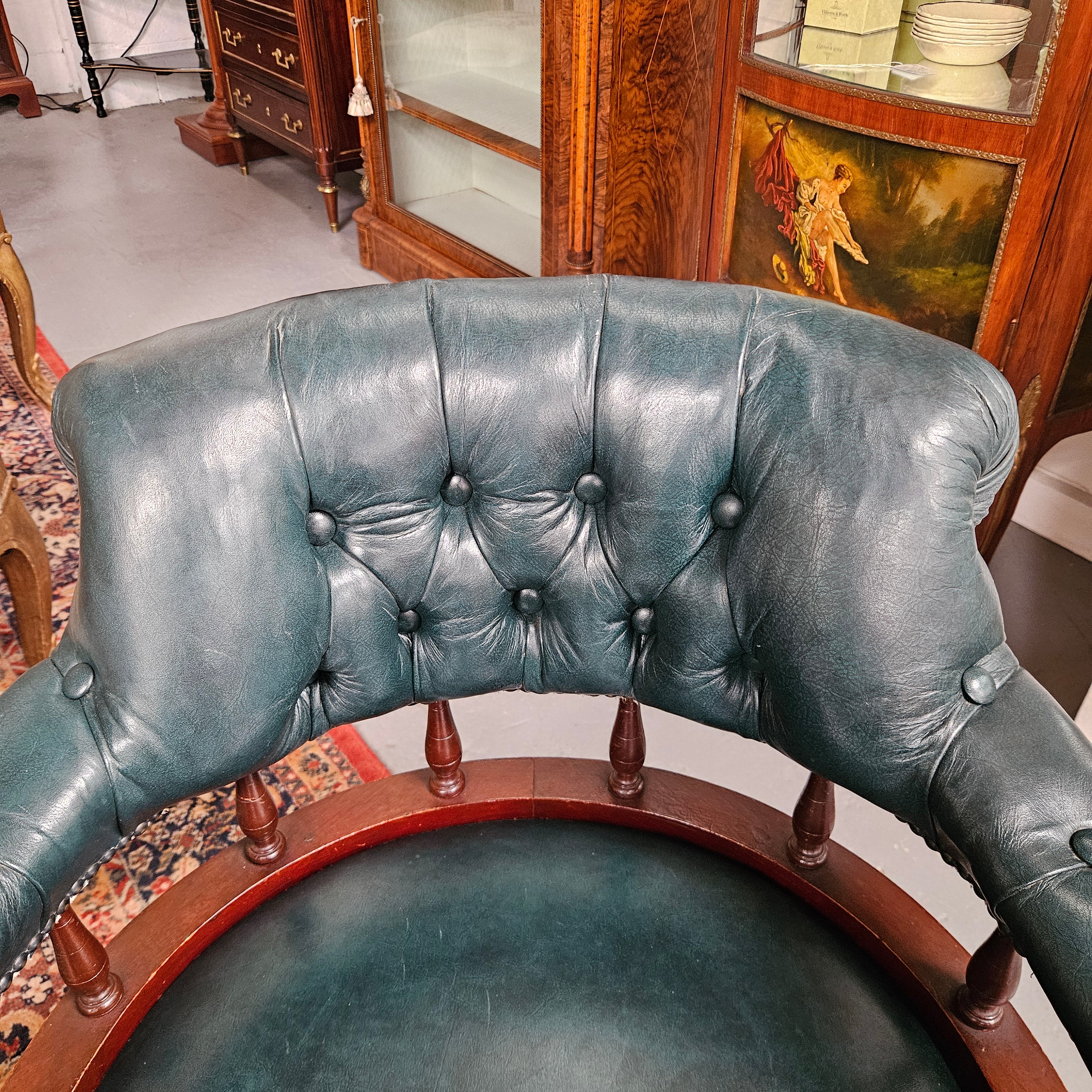 Antique Mahogany Leather Upholstered Captain / Office Chair