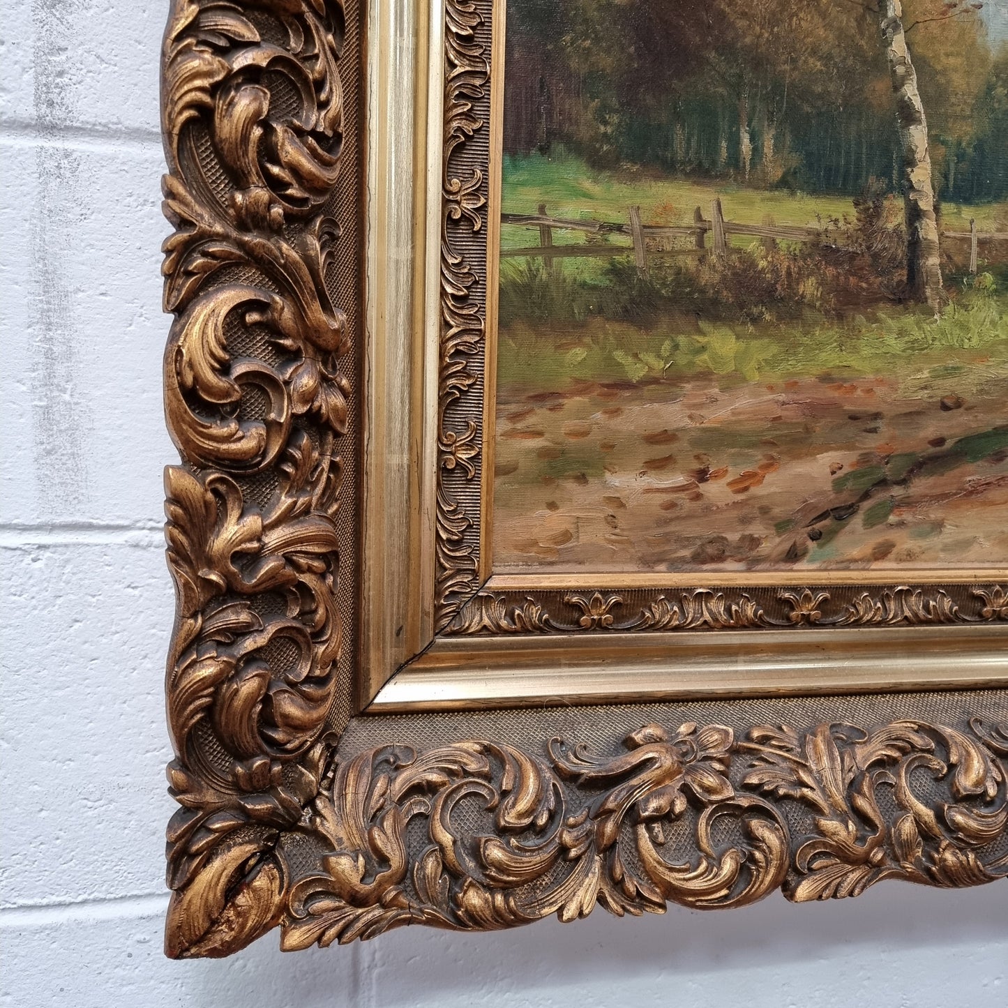 Sourced from France Signed Oil on Canvas Country Tree Scene In Ornate Gilt Frame