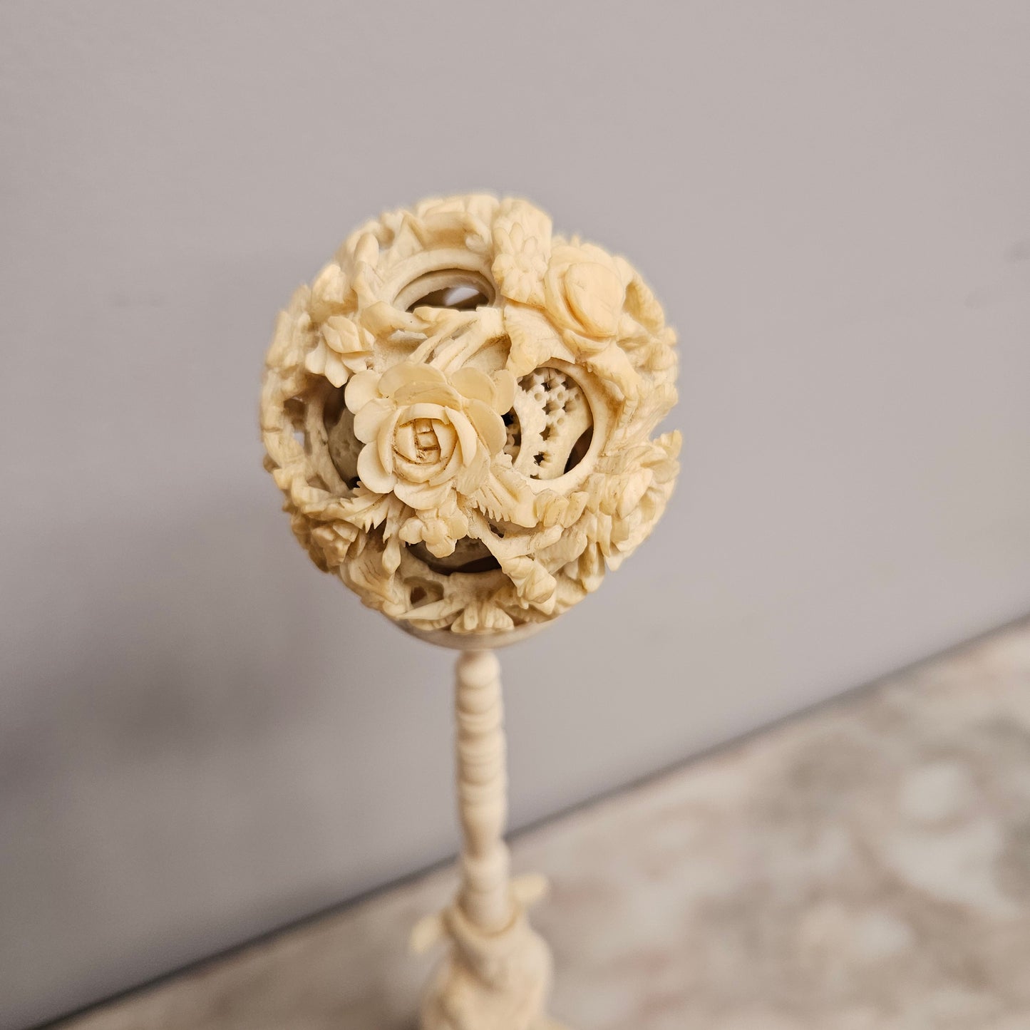 Antique Chinese Ivory Puzzle Ball On Stand