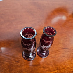 Pair Of Vintage Ruby & Etched Miniature Glass Vase
