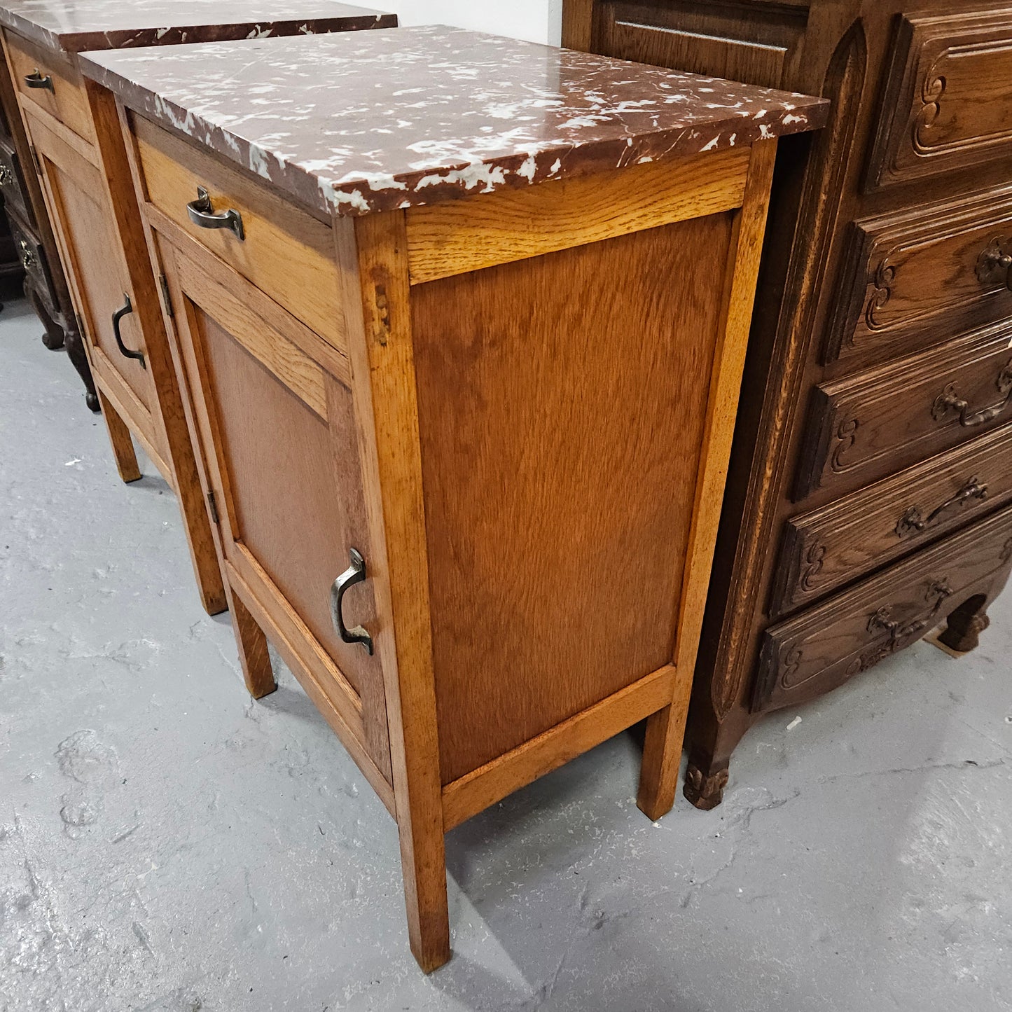 Compact Oak Marble Top Side Cabinet With Drawer